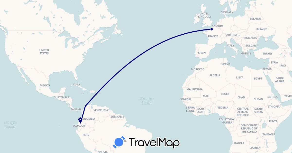 TravelMap itinerary: driving in Colombia, Ecuador, France (Europe, South America)